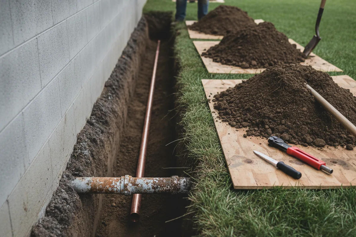 Excavated water line trench during Sewer Line Repair in Josephine